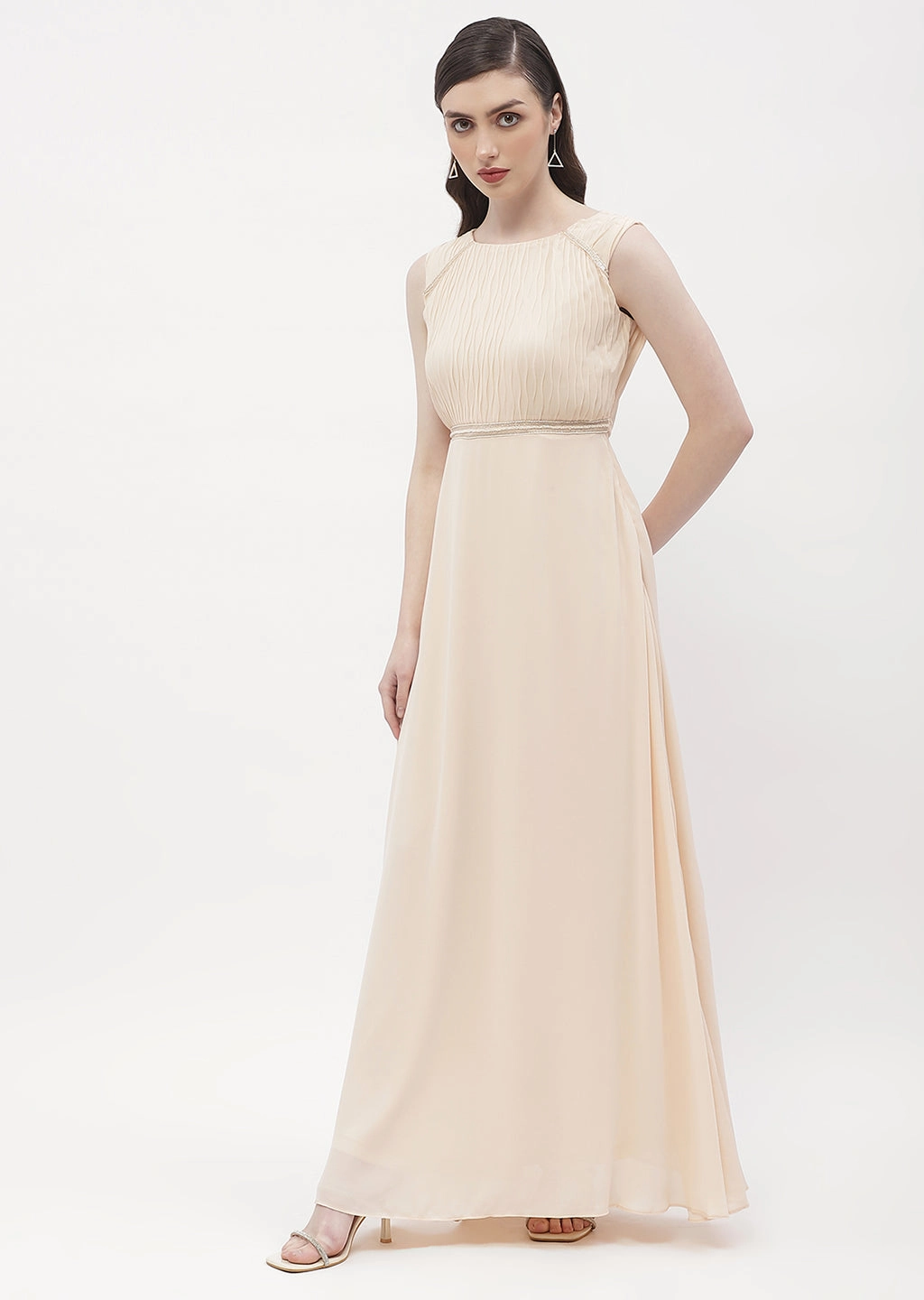 Texture Mood Fashion Fit Madame Embellished Beige Crew Neck Maxi Dress