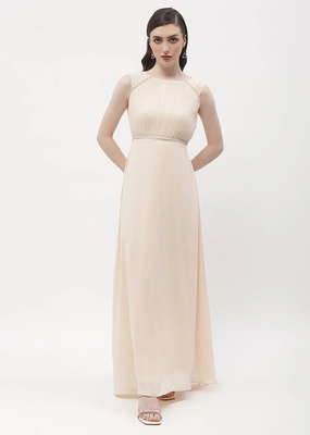 Madame Embellished Beige Crew Neck Maxi Dress Fresh Flow Breath Soft
