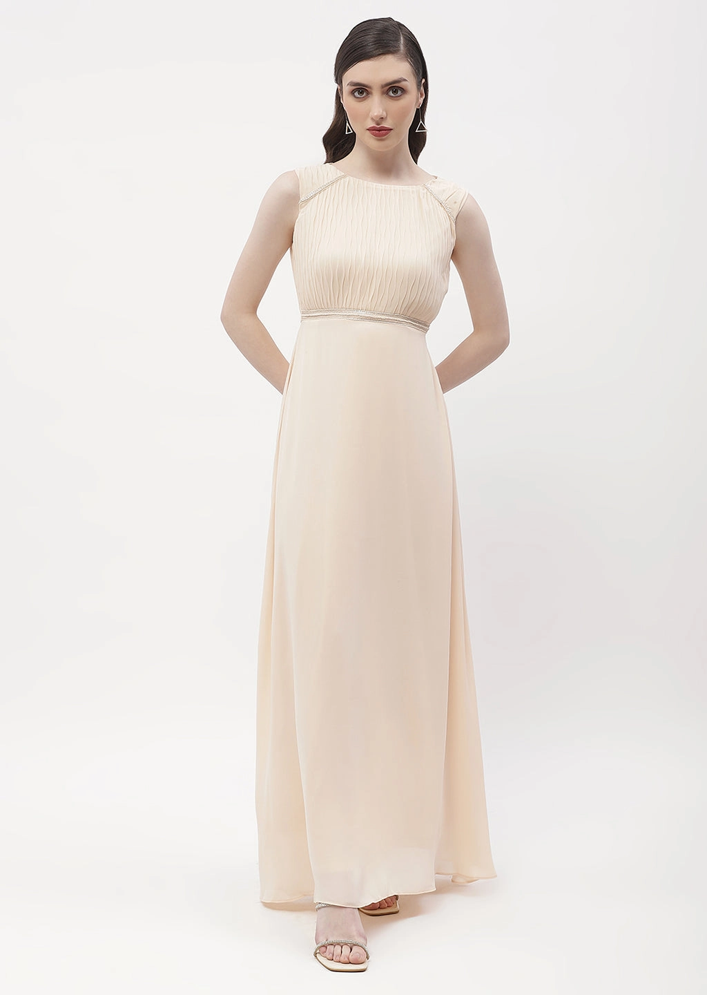 Madame Embellished Beige Crew Neck Maxi Dress Fresh Flow Breath Soft