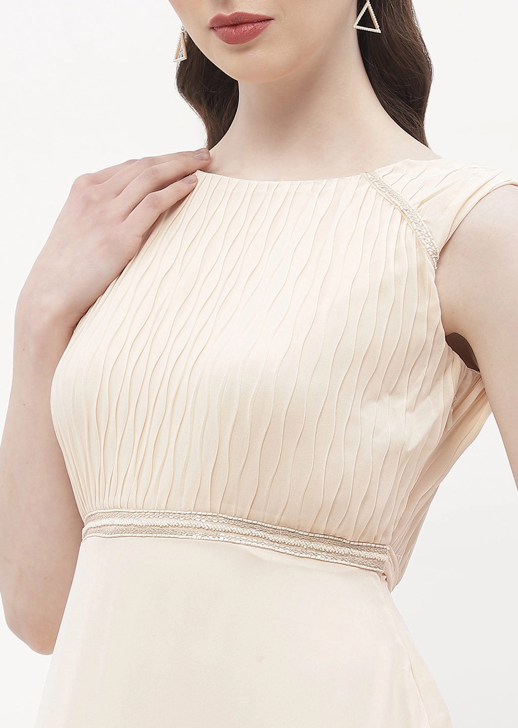 Grab Now Madame Embellished Beige Crew Neck Maxi Dress