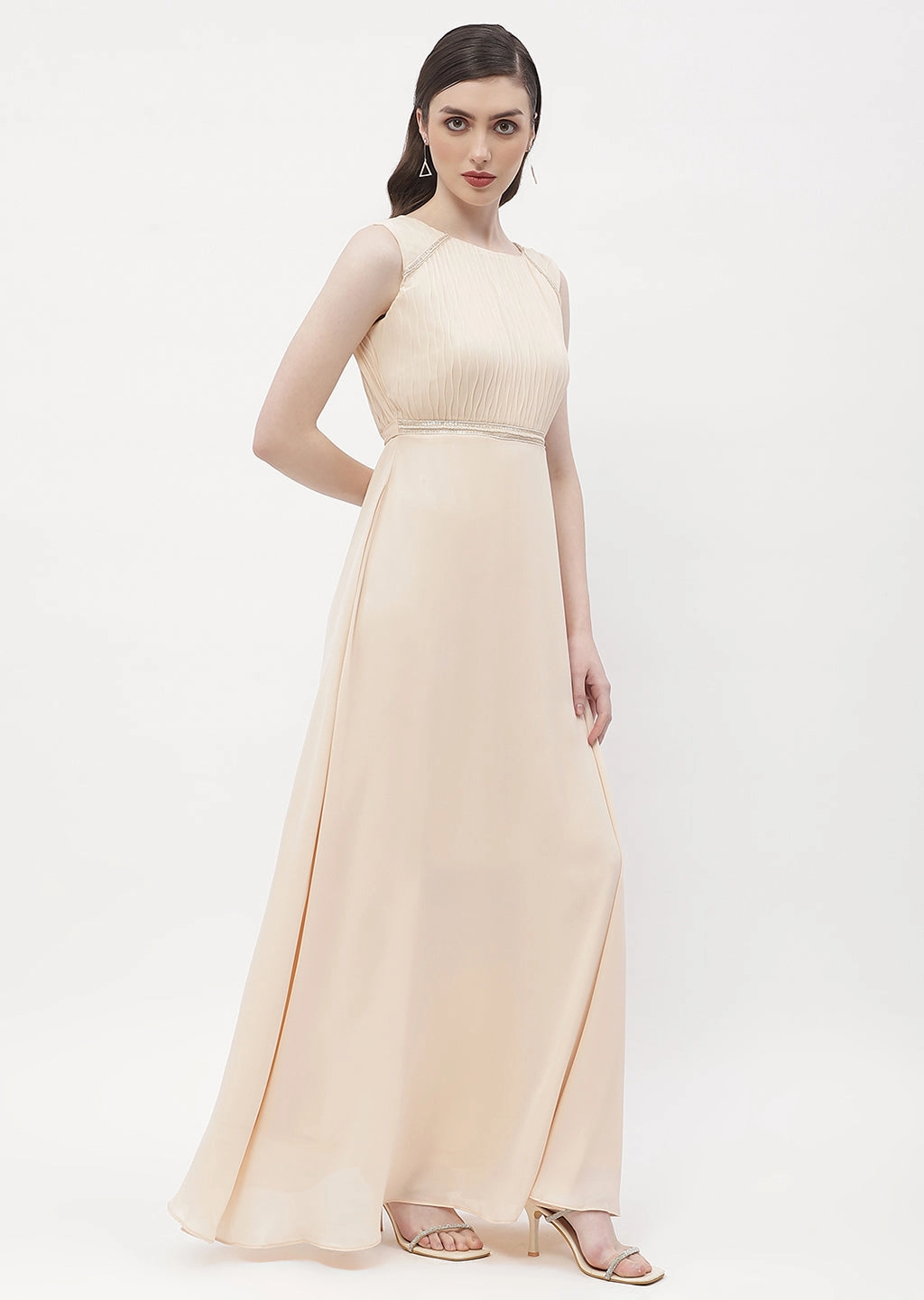 Timeless Style Seamless Finish Madame Embellished Beige Crew Neck Maxi Dress