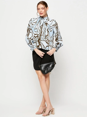 DropShoulder Madame Embellished Butterfly Print Sky Blue Mock Neck Top