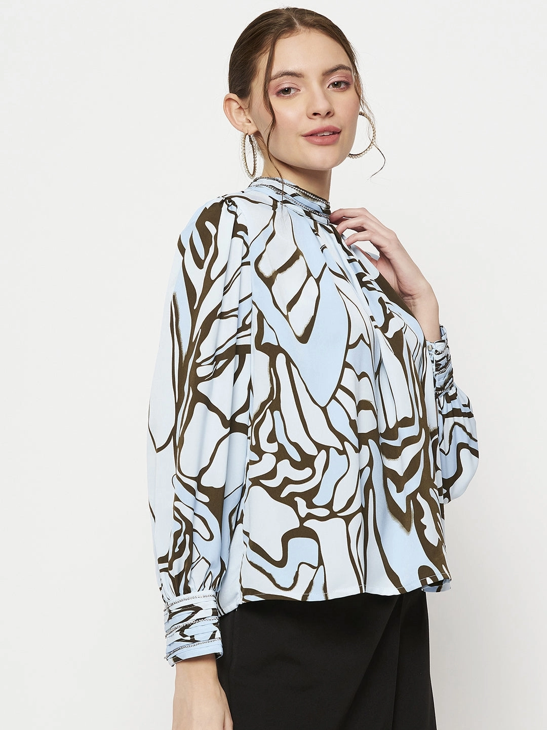 Madame Embellished Butterfly Print Sky Blue Mock Neck Top Flatlock Seam Technology
