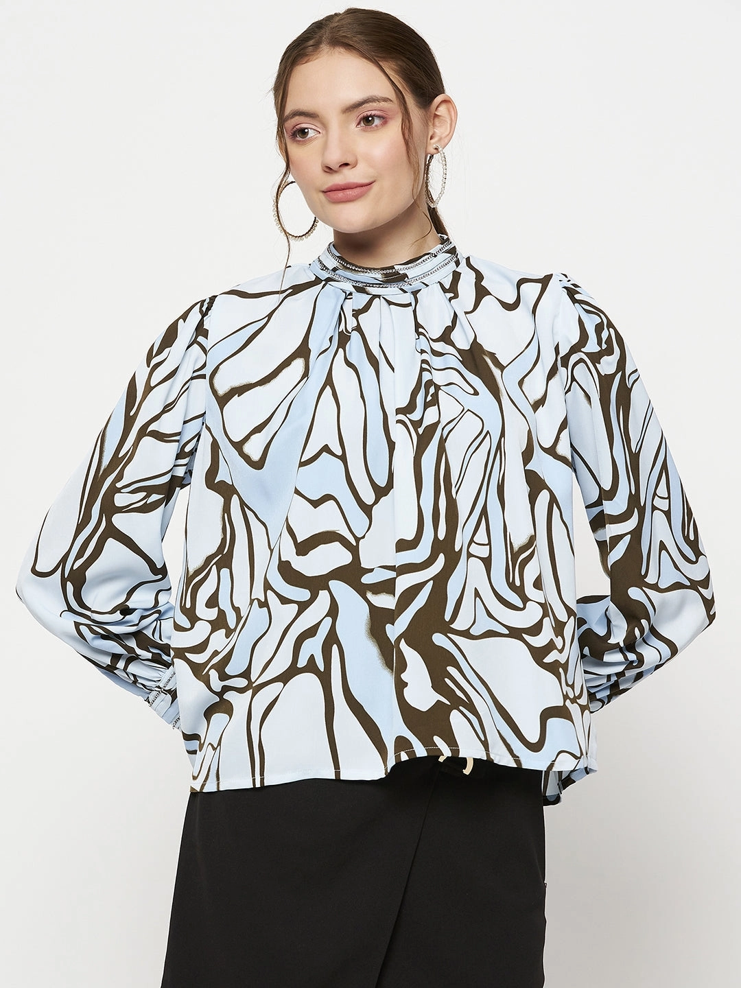 MeshPanel Madame Embellished Butterfly Print Sky Blue Mock Neck Top