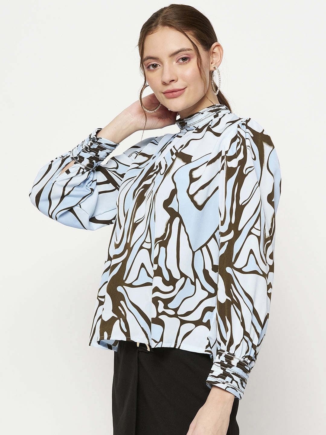 Button Down Collar Style Reinforced Shoulder Panels Madame Embellished Butterfly Print Sky Blue Mock Neck Top
