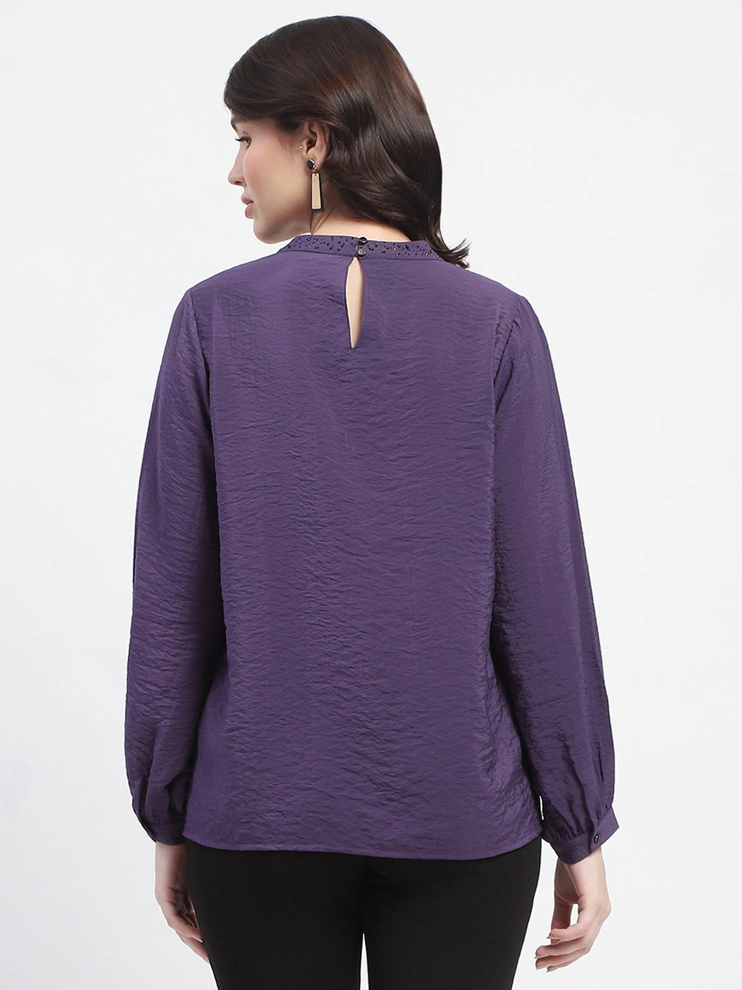 Airflow Optimized Weave Comfortable Cut Madame Embellished Collar Ban Neck Solid Purple Top