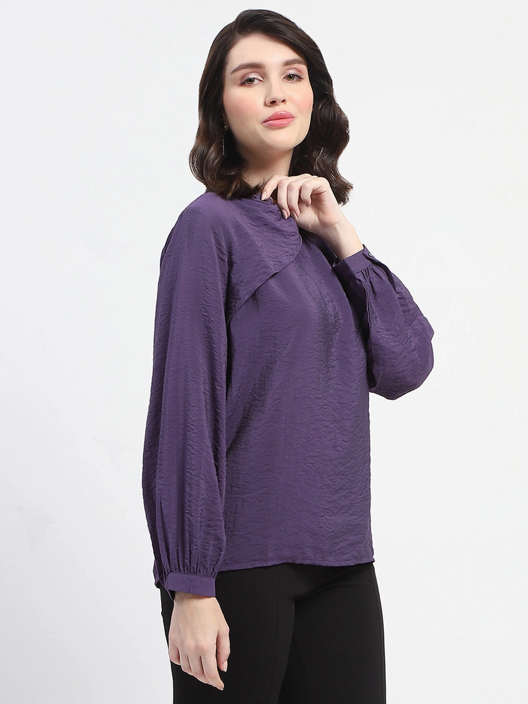 Madame Embellished Collar Ban Neck Solid Purple Top Reinforced Shoulder Seams