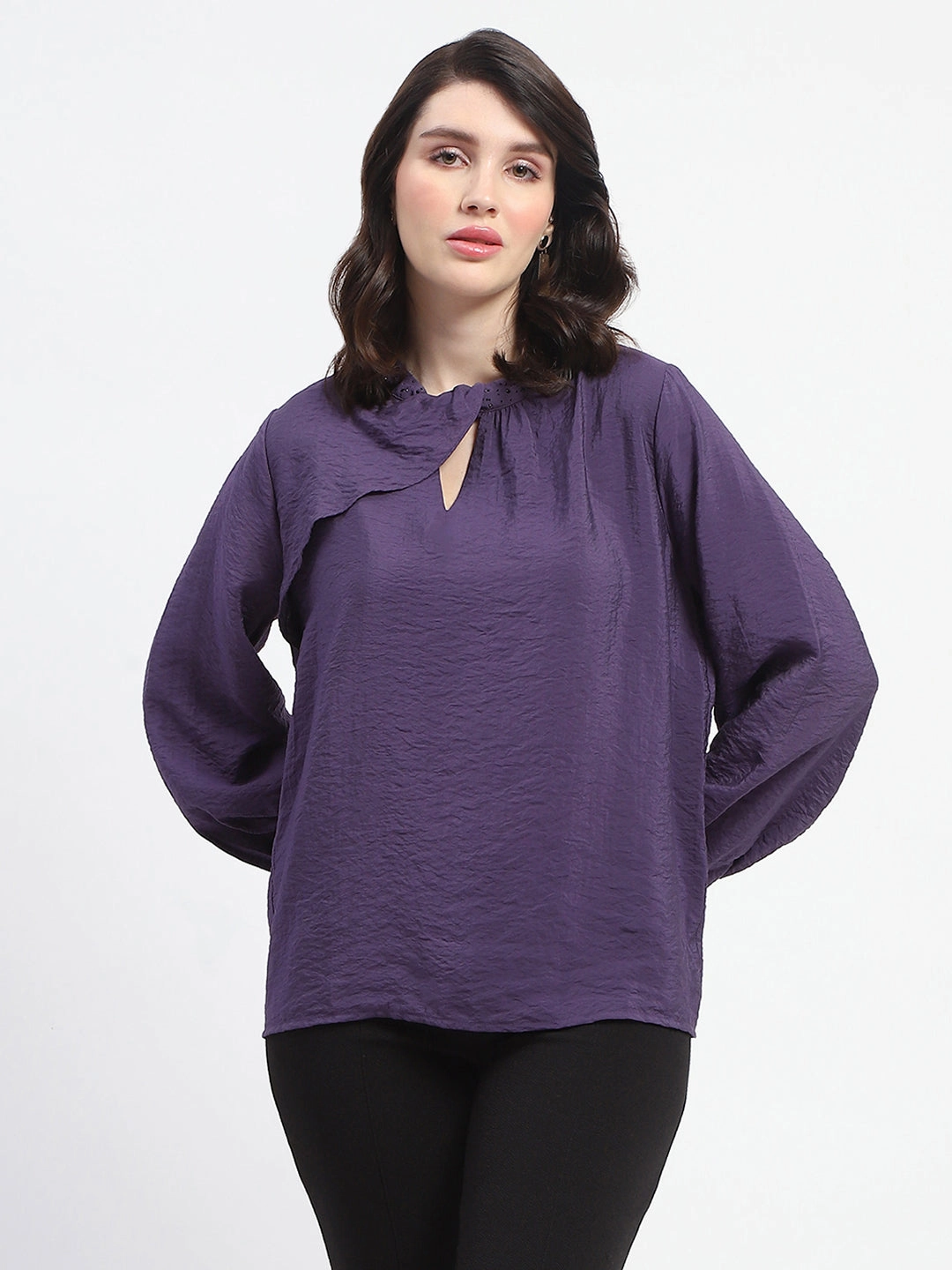 Madame Embellished Collar Ban Neck Solid Purple Top ButtonFront