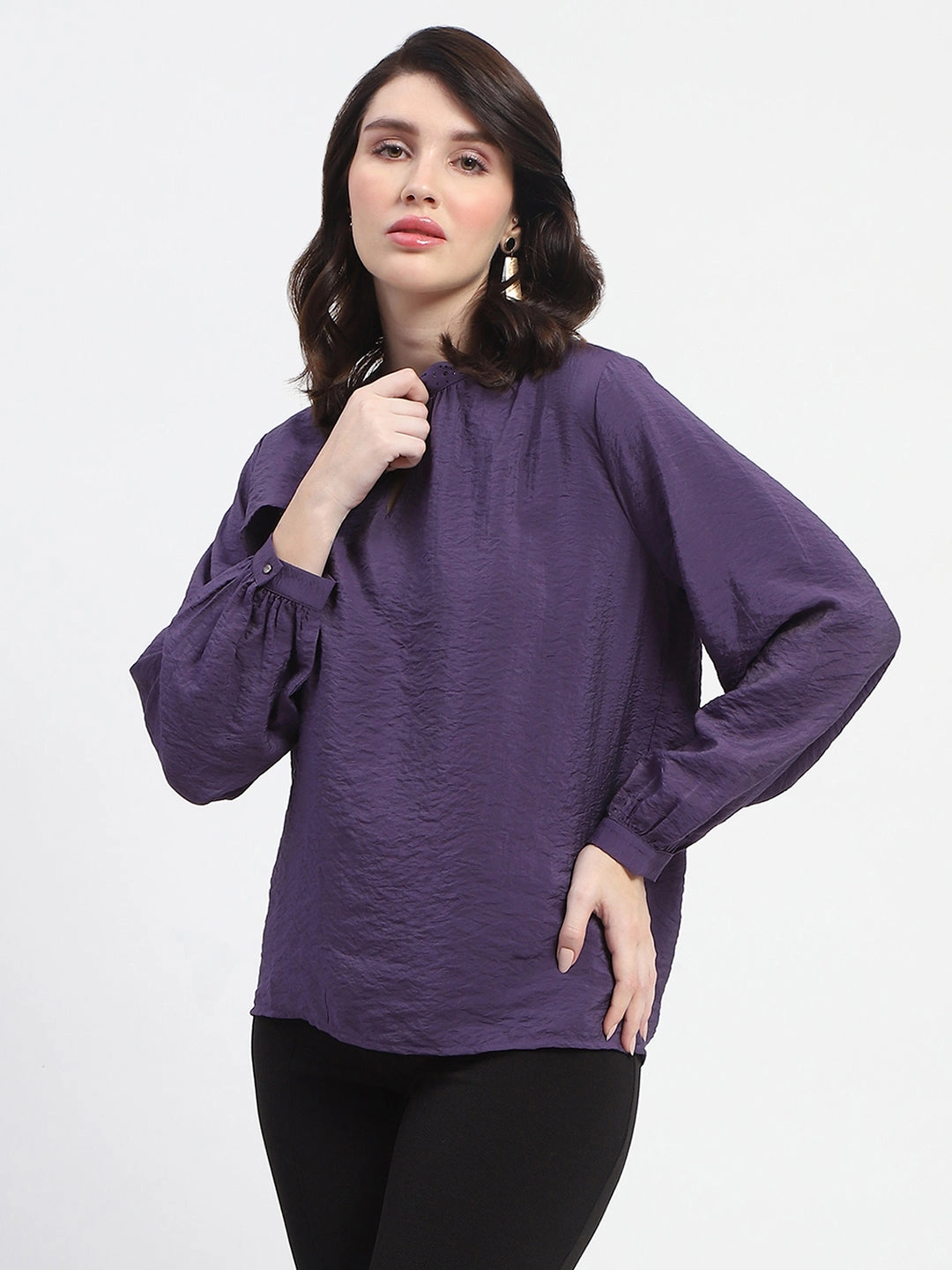 Madame Embellished Collar Ban Neck Solid Purple Top Vintage Hoodie Knit Fabric Technology