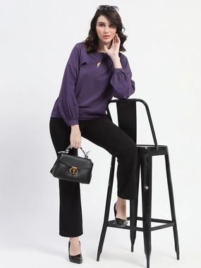 Architectural Tailoring Madame Embellished Collar Ban Neck Solid Purple Top