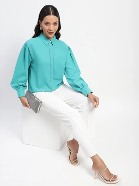 Black Tie Optional Oversized Fit Madame Embellished Cuffed Sleeve Green Shirt