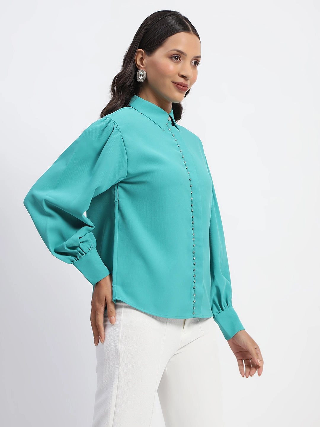 Madame Embellished Cuffed Sleeve Green Shirt Vibrant Colors