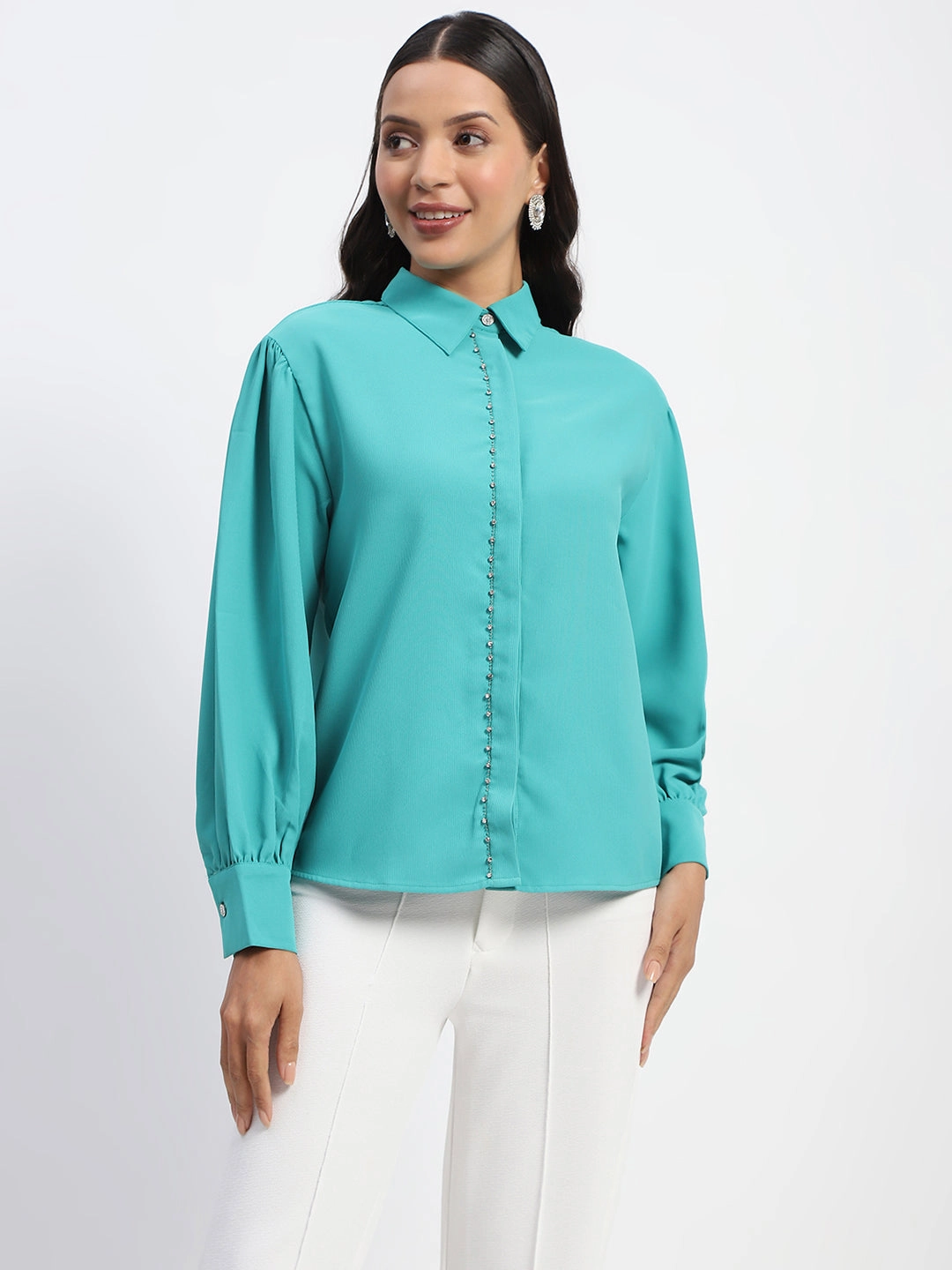 Gift Idea Madame Embellished Cuffed Sleeve Green Shirt