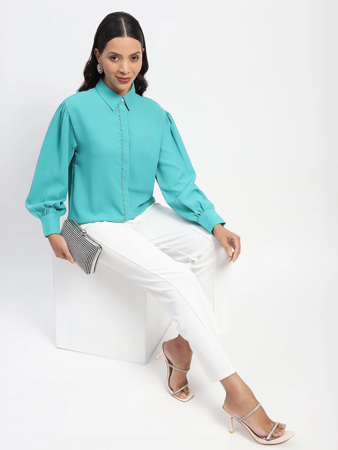 Black Tie Optional Oversized Fit Madame Embellished Cuffed Sleeve Green Shirt