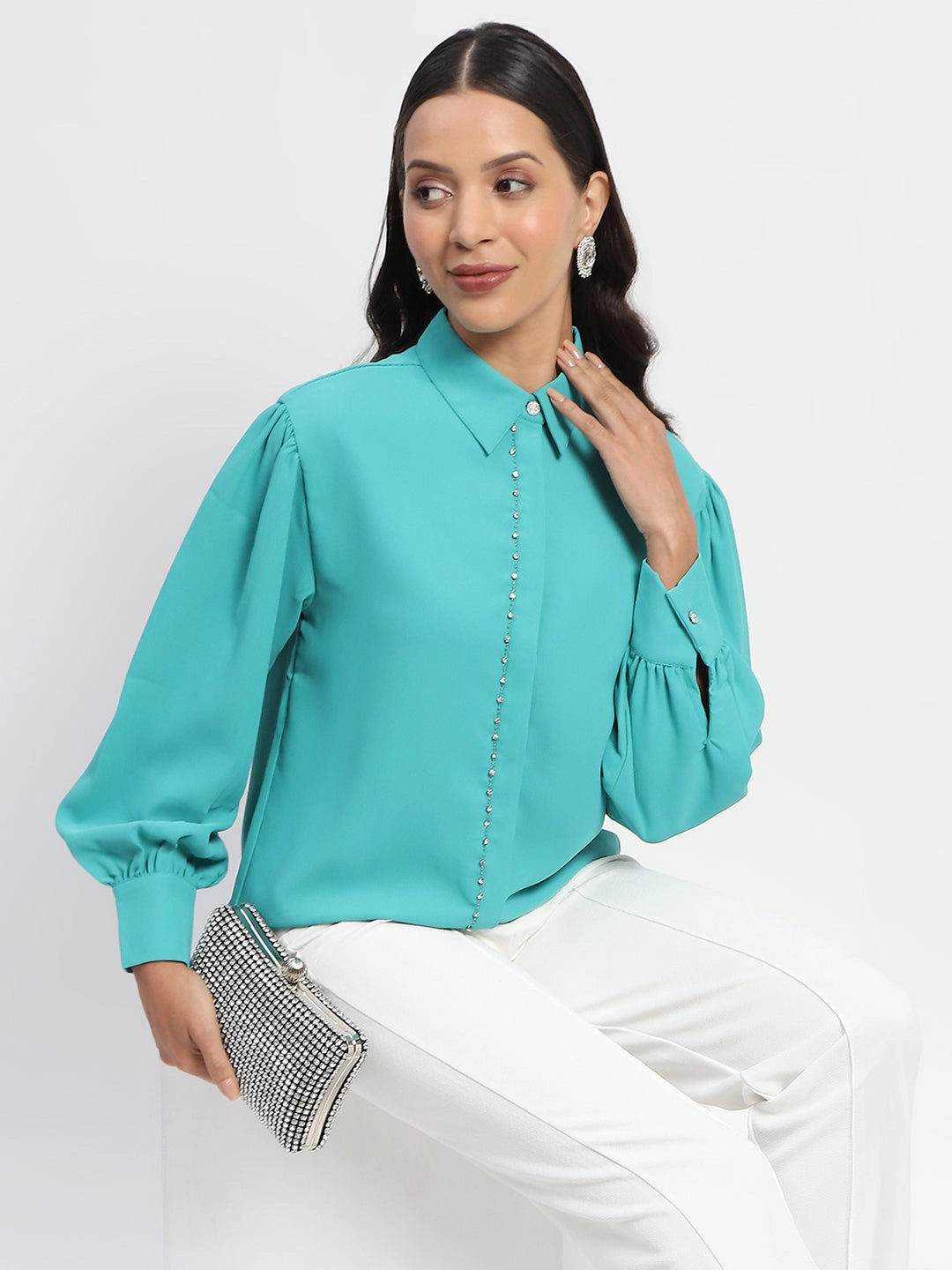 Madame Embellished Cuffed Sleeve Green Shirt Edgy Design Flexible Movement