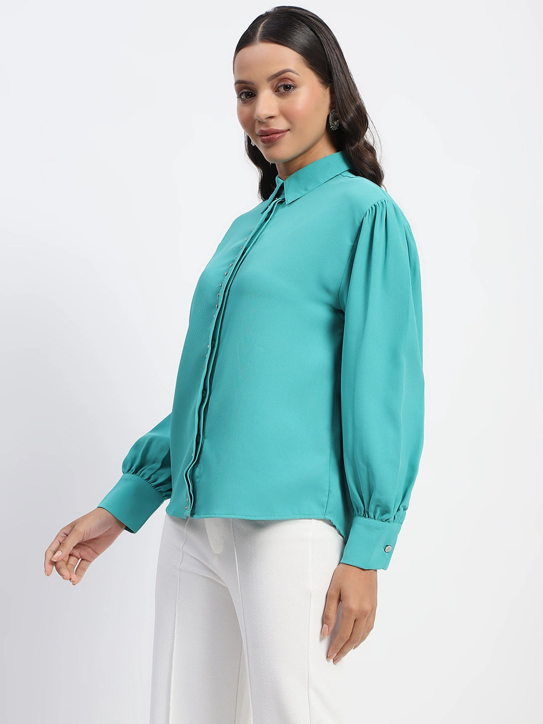 Pocket Detail Madame Embellished Cuffed Sleeve Green Shirt