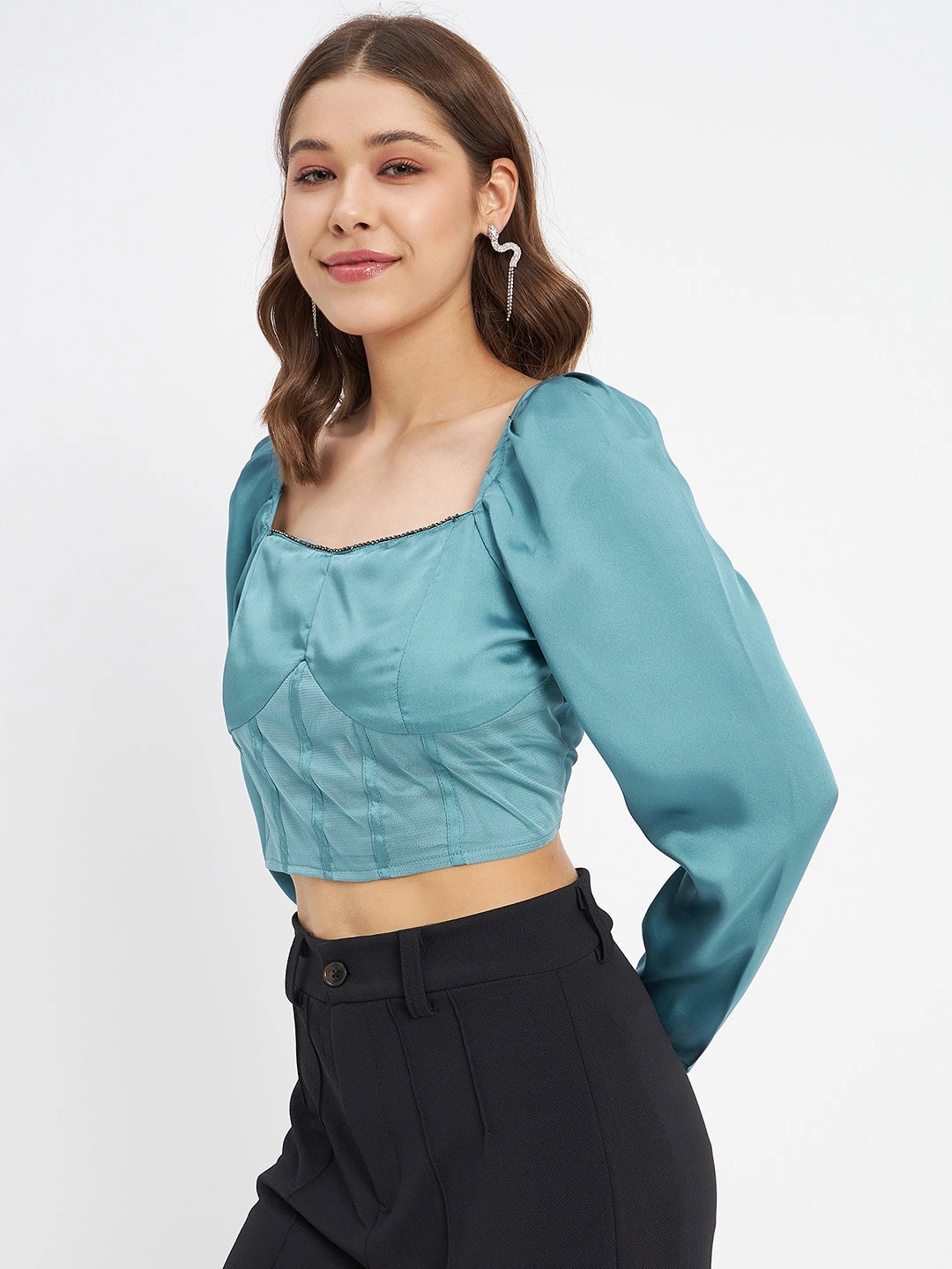 Madame Embellished Detail Corset Style Blue Top Bonded Seam Tape