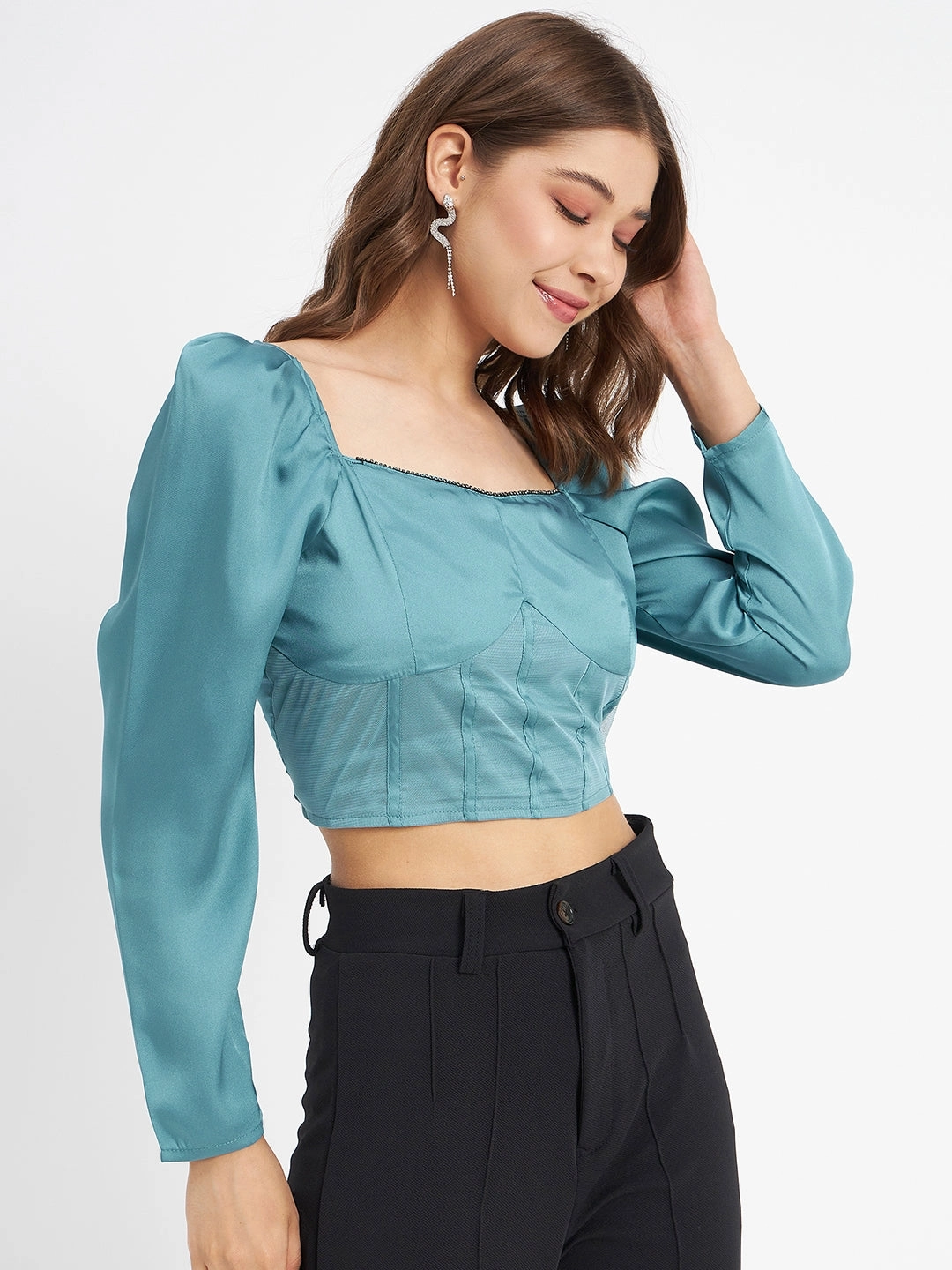 Ultra Soft Texture Madame Embellished Detail Corset Style Blue Top