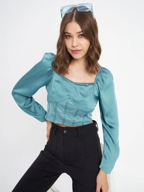 Madame Embellished Detail Corset Style Blue Top Durable Overlock Stitch