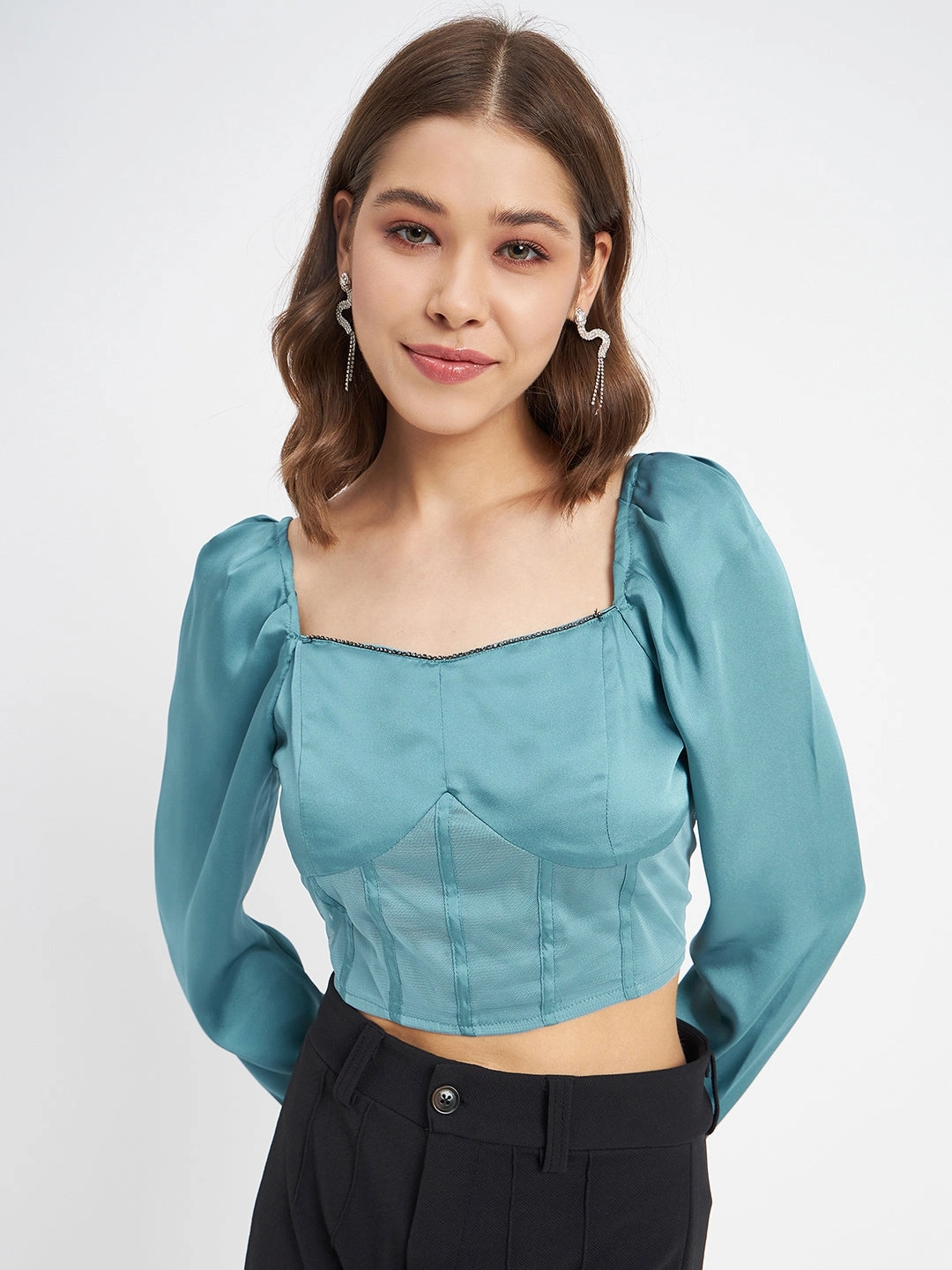 Airflow Weave Pattern Convertible Collar Madame Embellished Detail Corset Style Blue Top