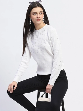 Drop Shoulder ZeroWaste Construction Madame Embellished Full Sleeve Off White Knitted Top
