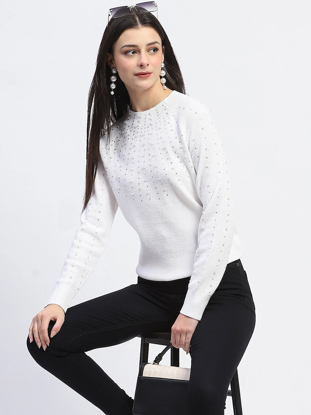 Drop Shoulder ZeroWaste Construction Madame Embellished Full Sleeve Off White Knitted Top