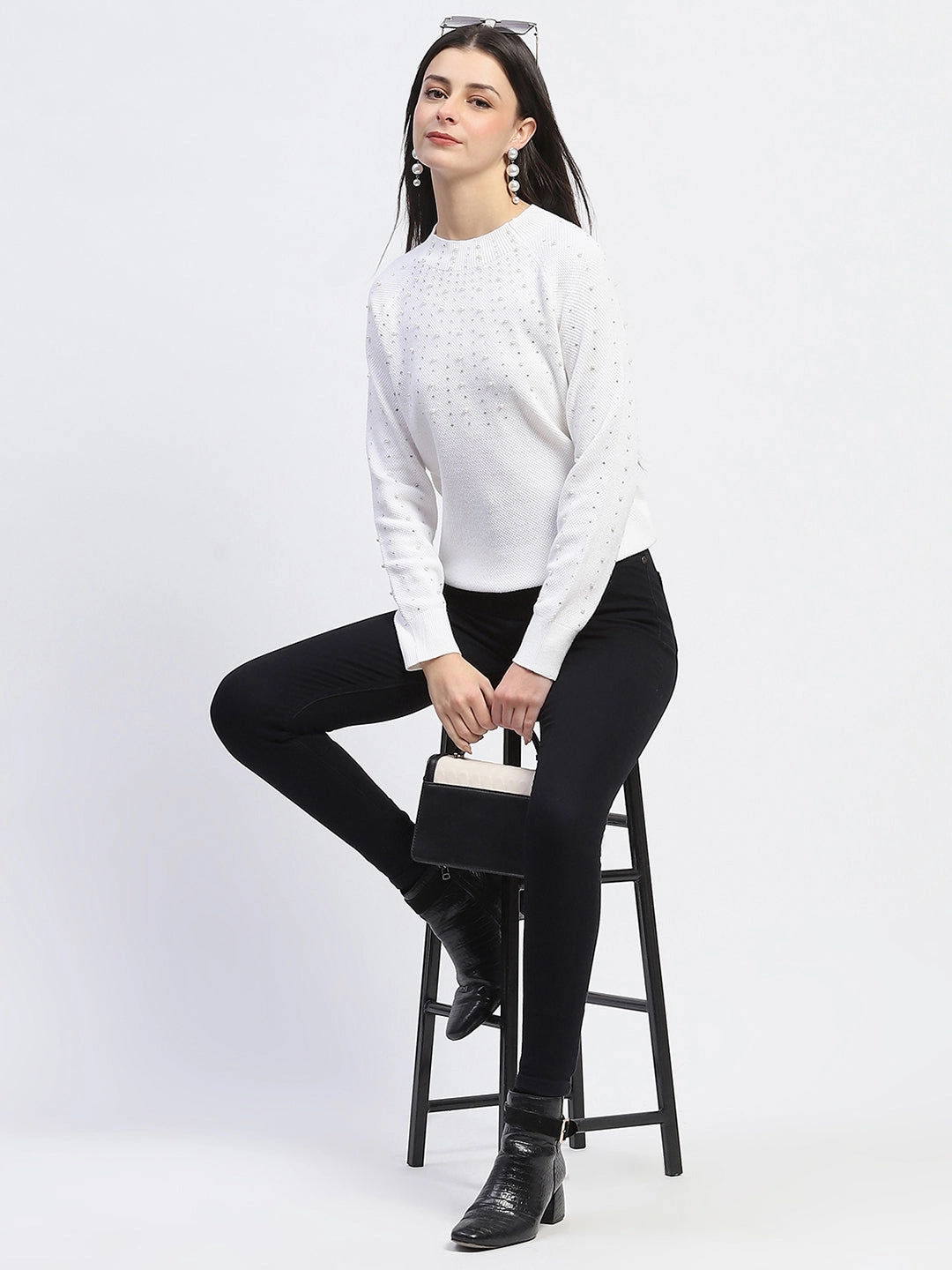 Madame Embellished Full Sleeve Off White Knitted Top TexturedSurface