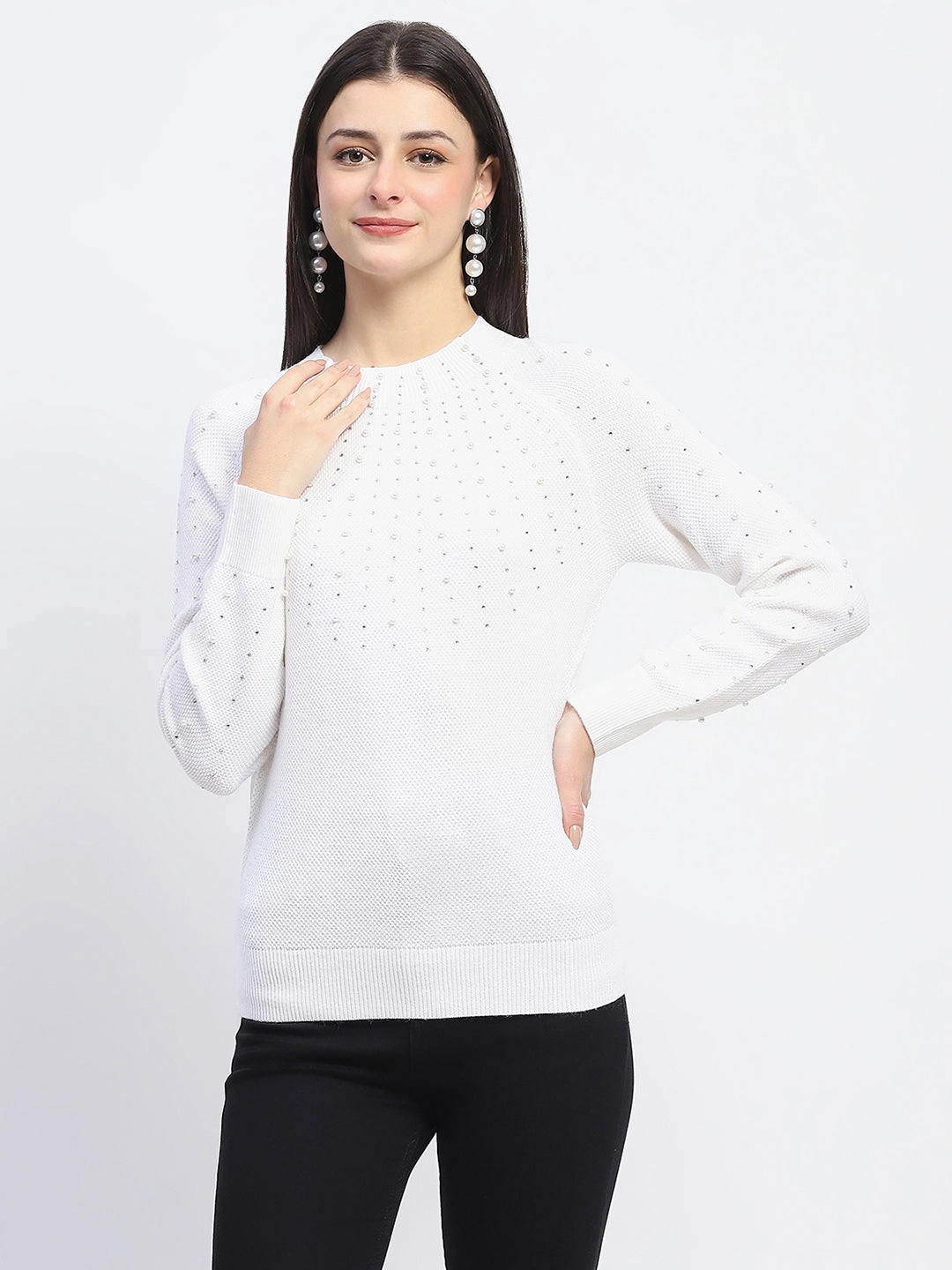 Madame Embellished Full Sleeve Off White Knitted Top Classic Crew Neck