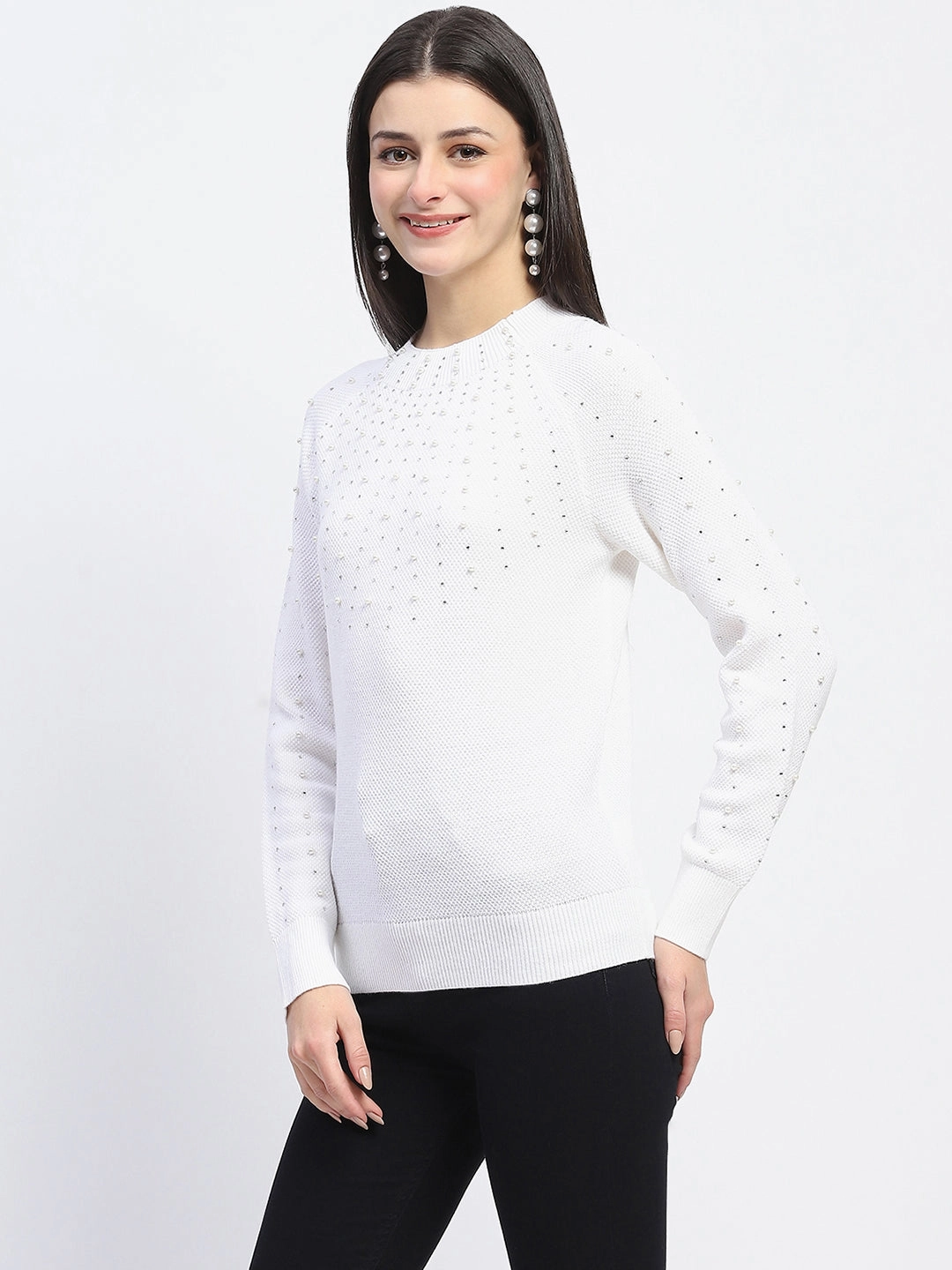 Contoured Side Panels LongWearingComfort Madame Embellished Full Sleeve Off White Knitted Top