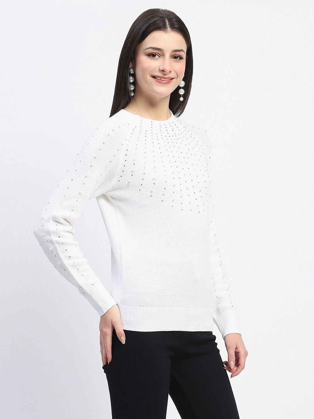 Madame Embellished Full Sleeve Off White Knitted Top Organic Cotton Fiber PaddedInsulation