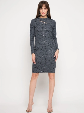 Madame Embellished Grey Bodycon Dress Basic Shape Elegant Detail