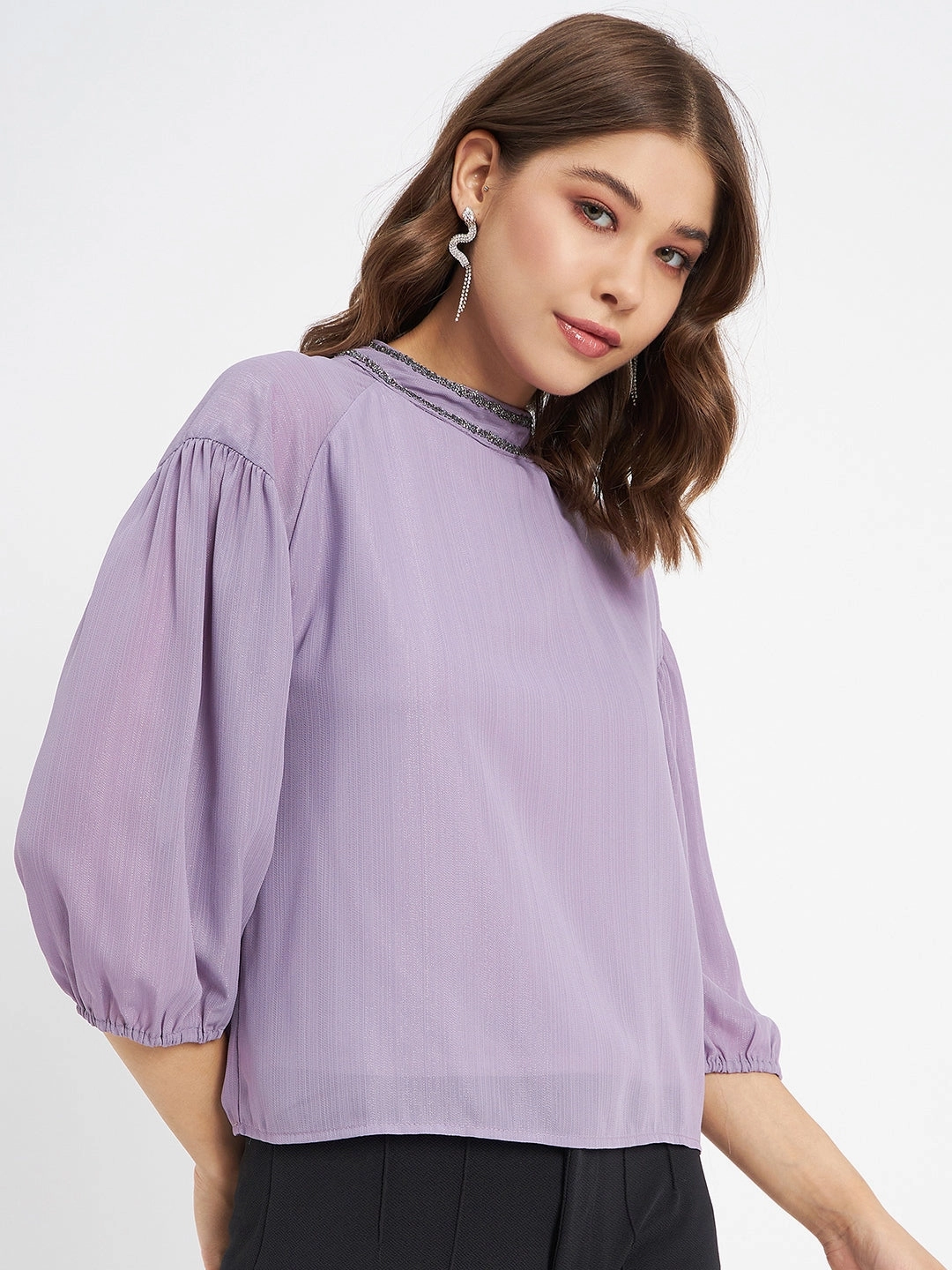 StretchTechnology Madame Embellished Neckline Turtle Neck Solid Mauve Top