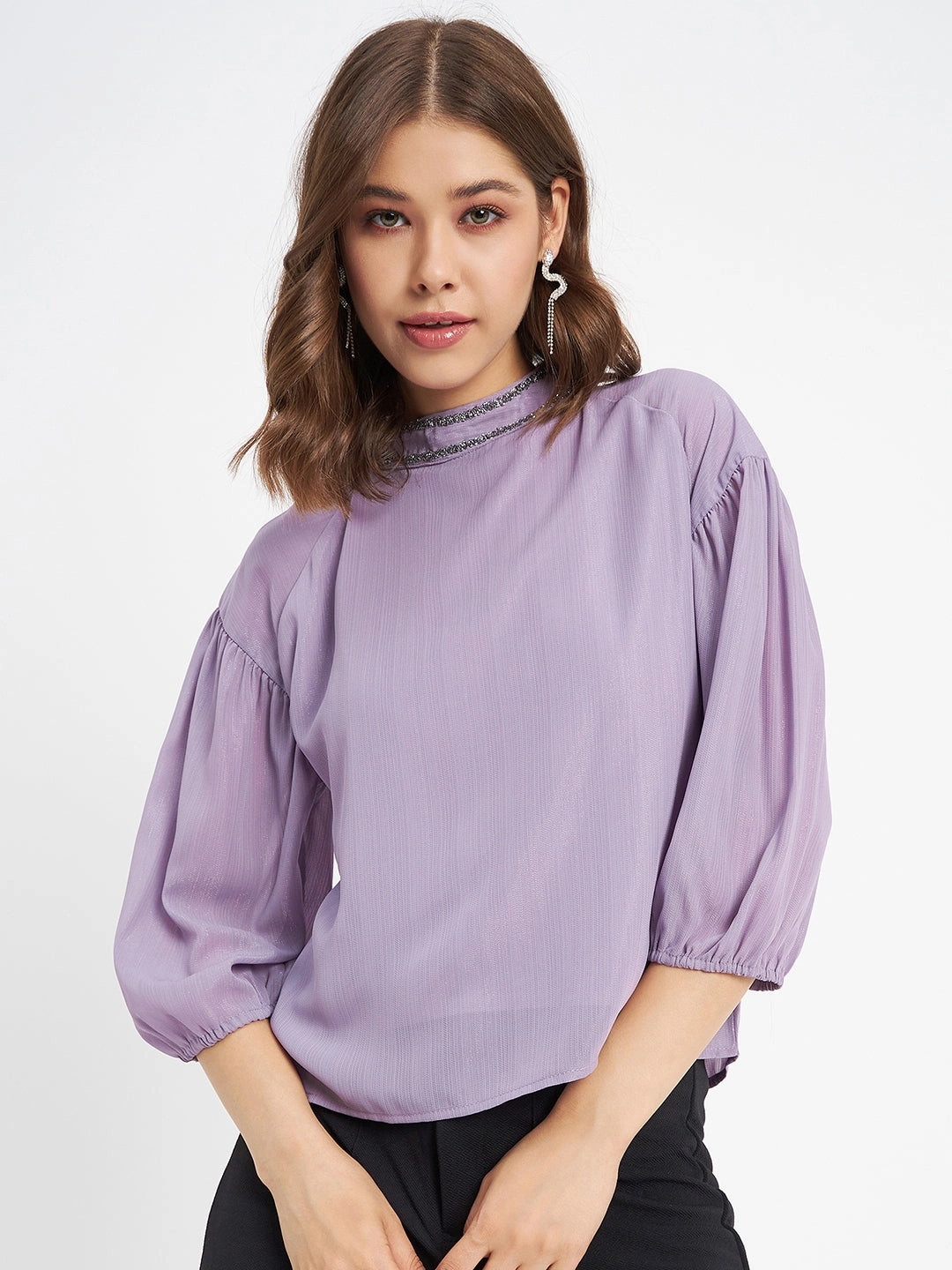 HiddenVentilationPockets Comfortable Design Madame Embellished Neckline Turtle Neck Solid Mauve Top