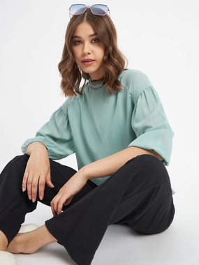 Madame Embellished Neckline Turtle Neck Solid Mint Green Top Soft Knit LowProfile Zipper
