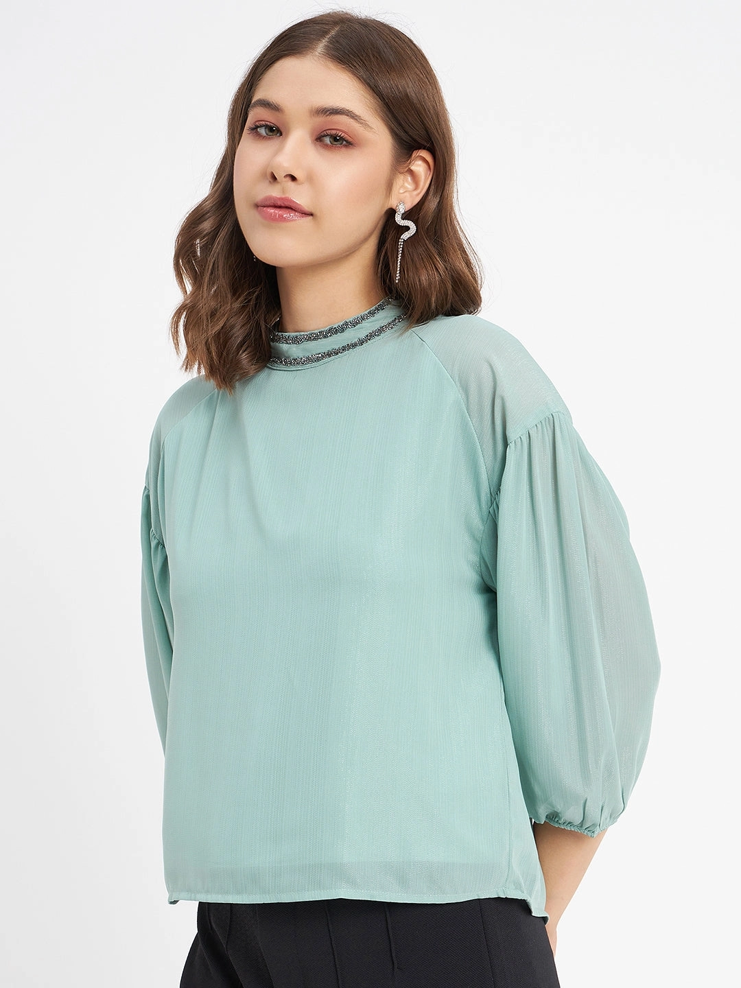 sporty wear Madame Embellished Neckline Turtle Neck Solid Mint Green Top