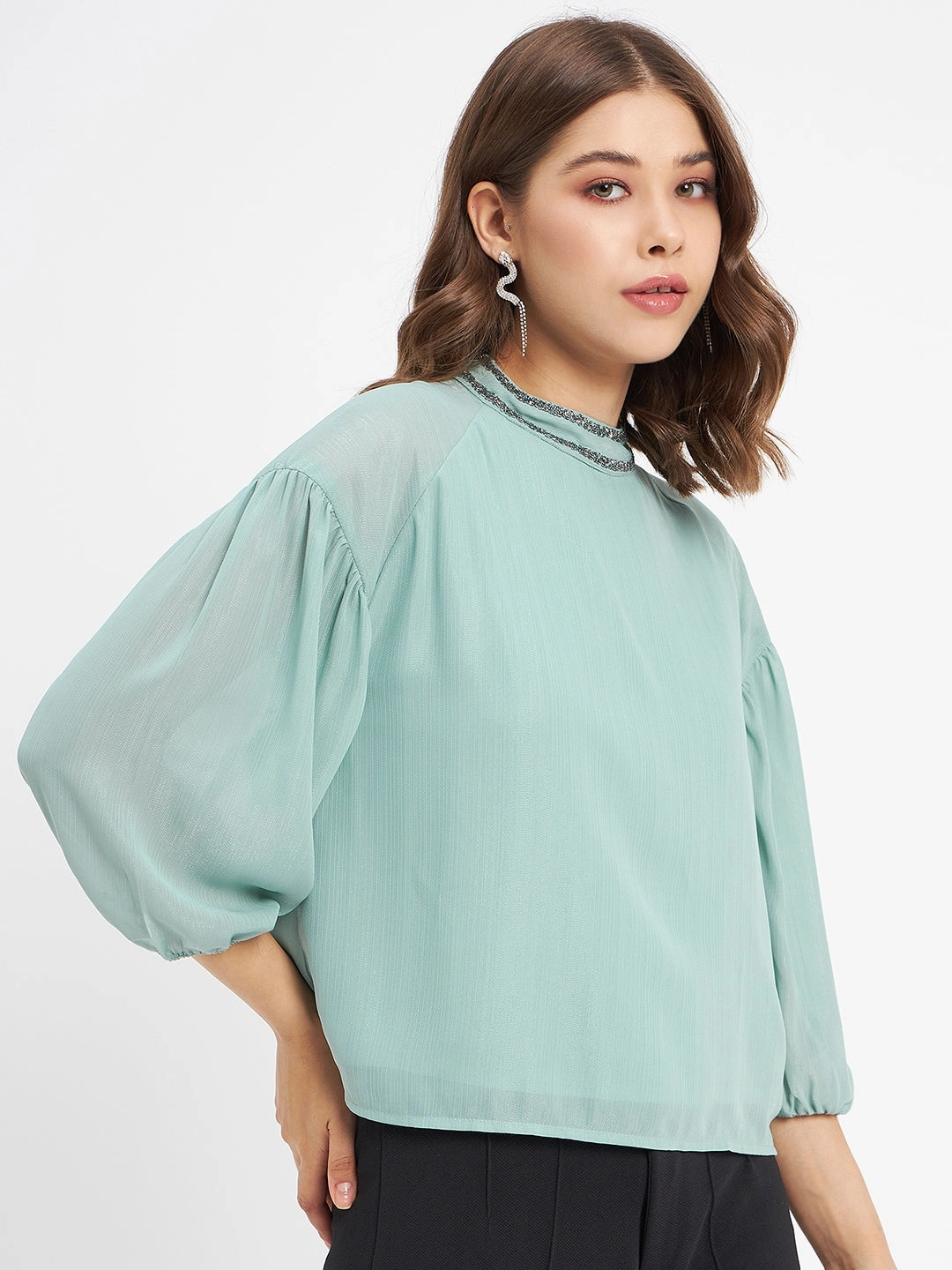 Madame Embellished Neckline Turtle Neck Solid Mint Green Top HeatSealed Seams