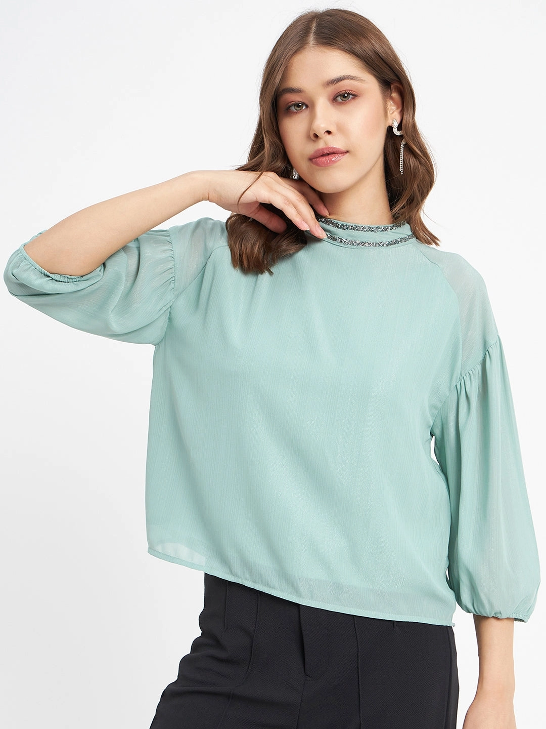 Madame Embellished Neckline Turtle Neck Solid Mint Green Top Convertible Design