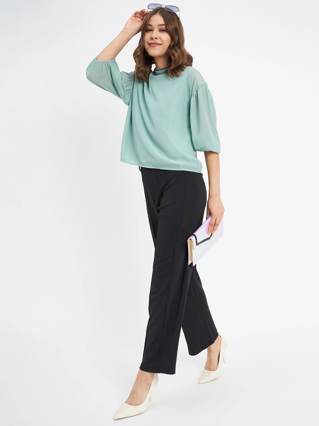 Wind Resistant Fabric Madame Embellished Neckline Turtle Neck Solid Mint Green Top