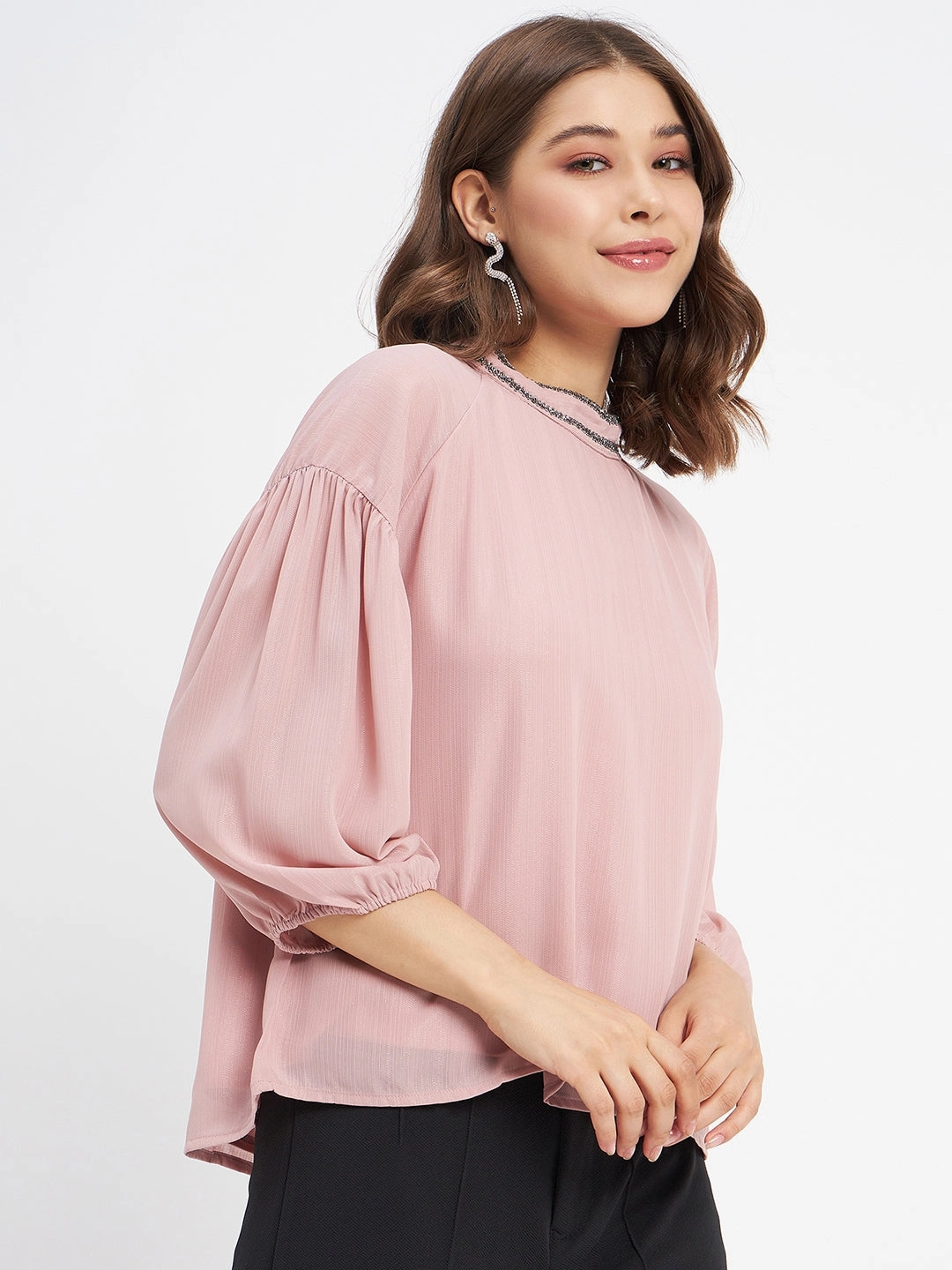 Madame Embellished Neckline Turtle Neck Solid Pink Top High Density Weave ContrastPlacket