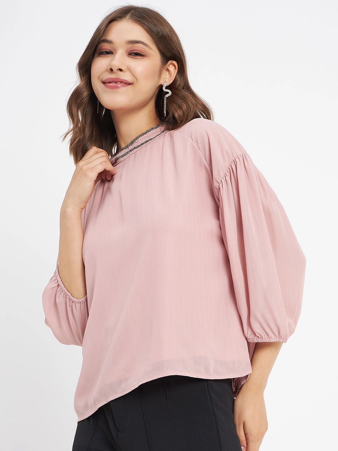 Madame Embellished Neckline Turtle Neck Solid Pink Top Erasable Surface Coating Loose Tee