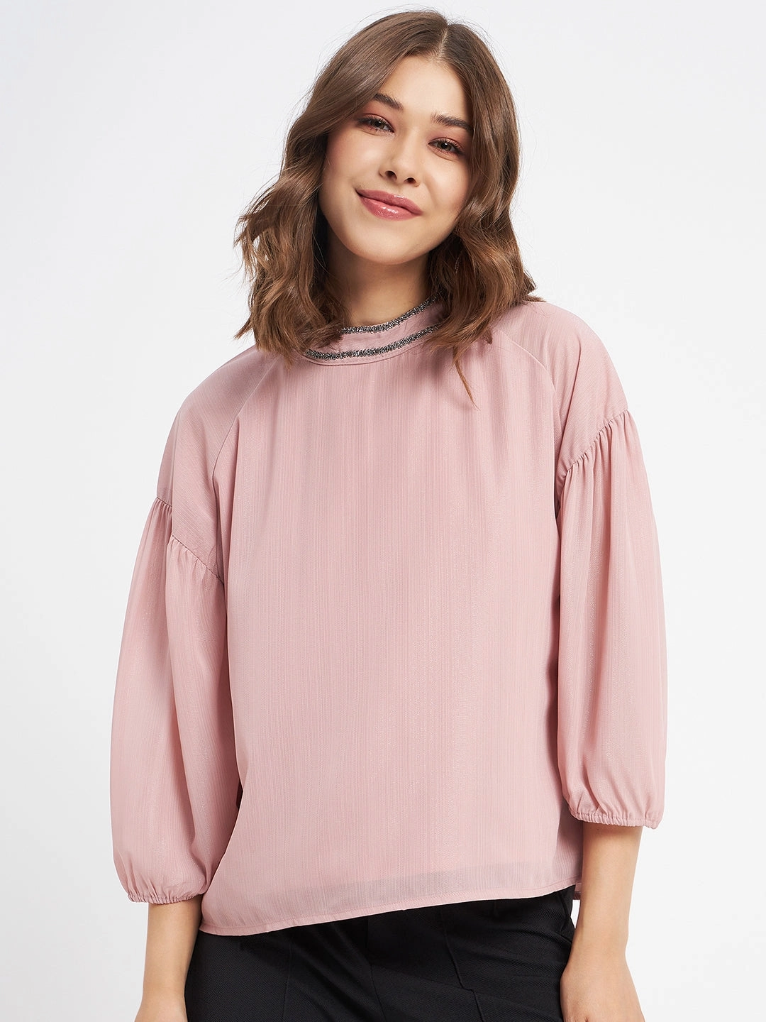 Madame Embellished Neckline Turtle Neck Solid Pink Top Contoured Side Panels