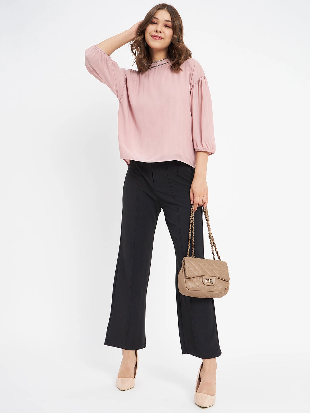 Tagless Design DoubleNeedle Stitching Madame Embellished Neckline Turtle Neck Solid Pink Top