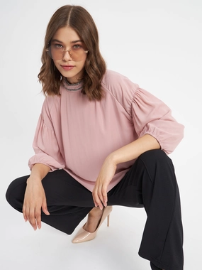 Madame Embellished Neckline Turtle Neck Solid Pink Top Fleece Pullover