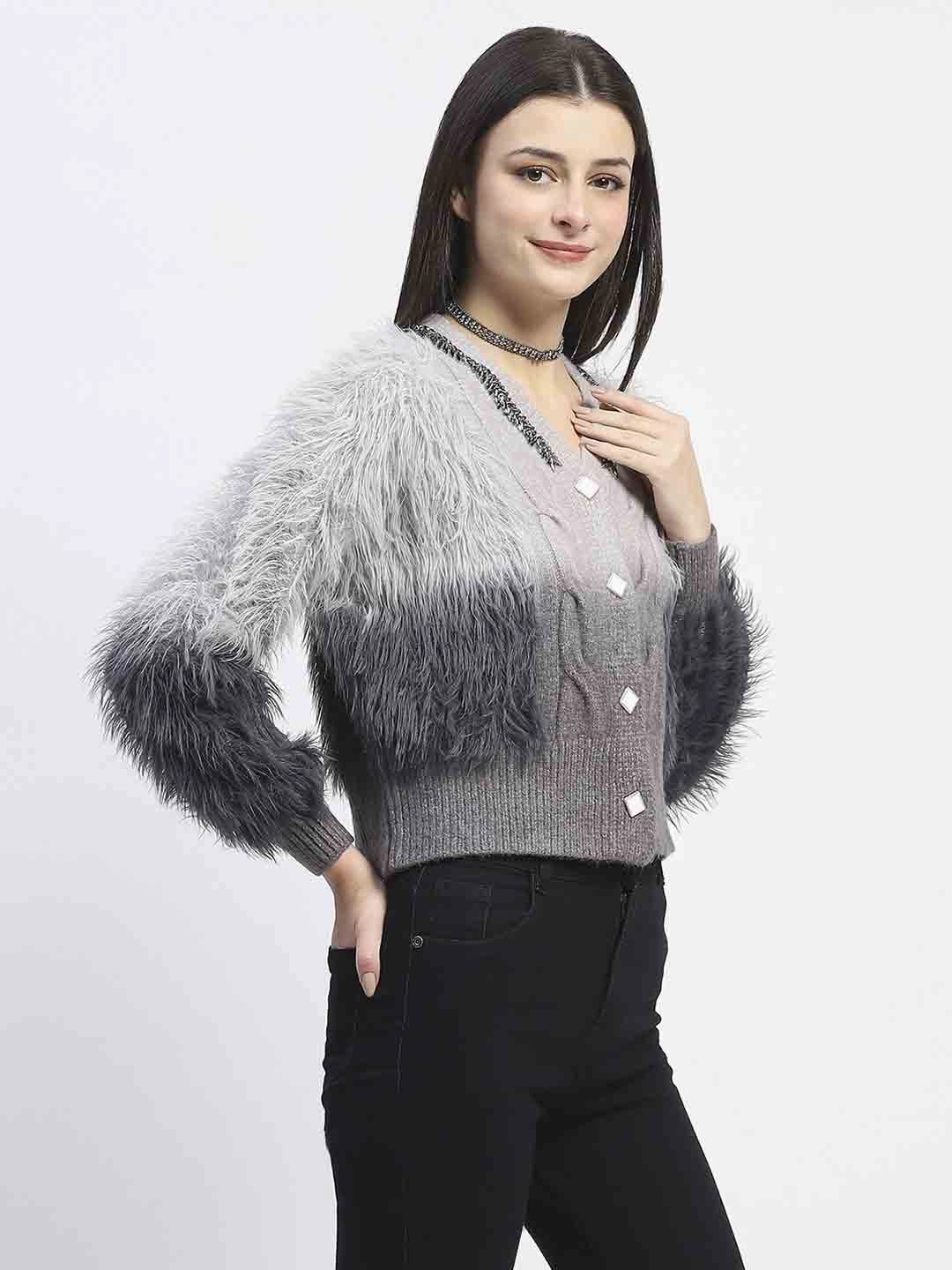 Madame Embellished Ombre V Neck Grey Sweater Breathable Comfort Wear Chill Style