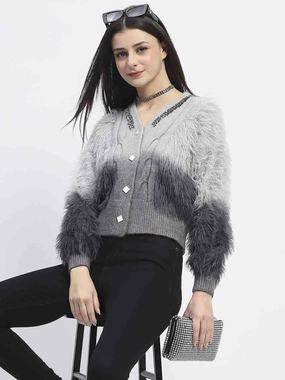 Winter Must-Have Wear Madame Embellished Ombre V Neck Grey Sweater