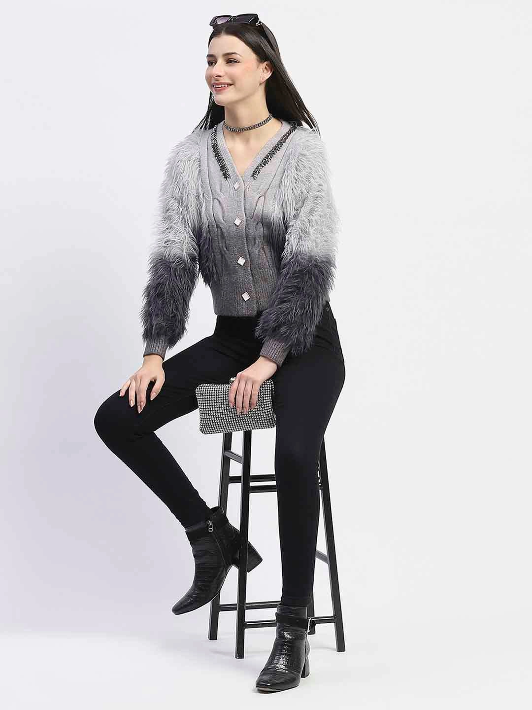 Biodegradable Fiber Options Moisture wicking Madame Embellished Ombre V Neck Grey Sweater