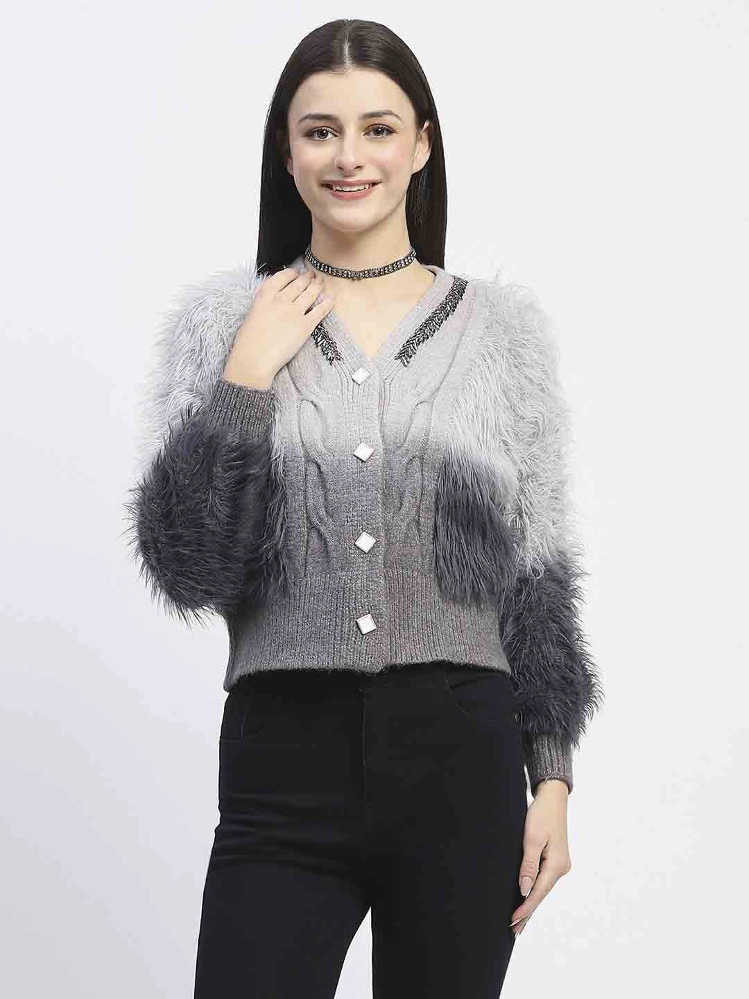 Essential Warmth Madame Embellished Ombre V Neck Grey Sweater