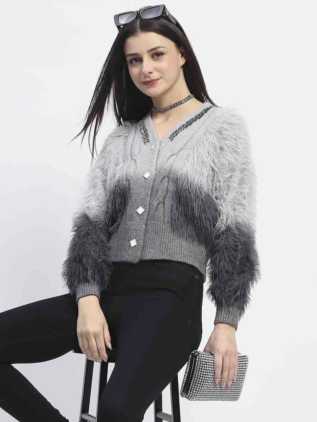 Winter Must-Have Wear Madame Embellished Ombre V Neck Grey Sweater