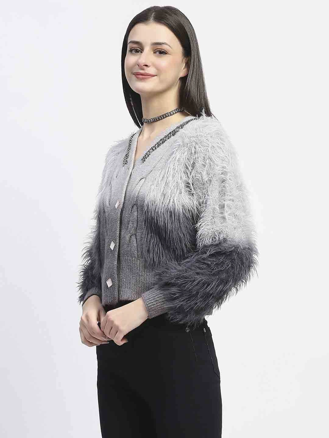 Madame Embellished Ombre V Neck Grey Sweater Comfy Touch Chic Design