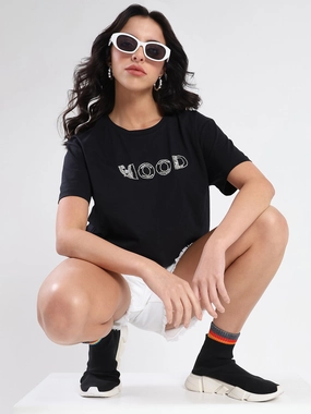 Comfy Waistband Light Fit Madame Embellished Pocket Typography Black Cotton T-shirt